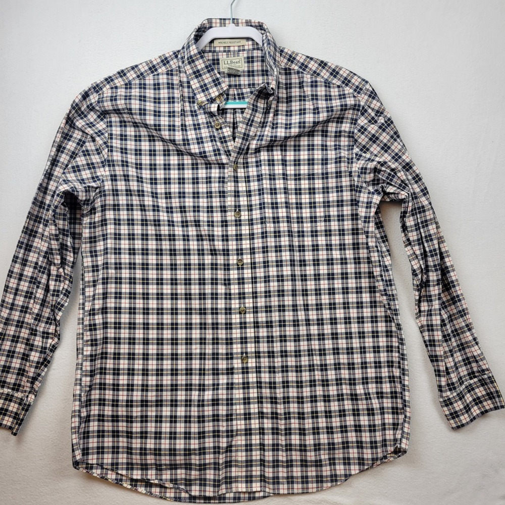 LL Bean Mens Wrinkle Resistant Button Down Shirt Long Sleeve Plaid Large Regular